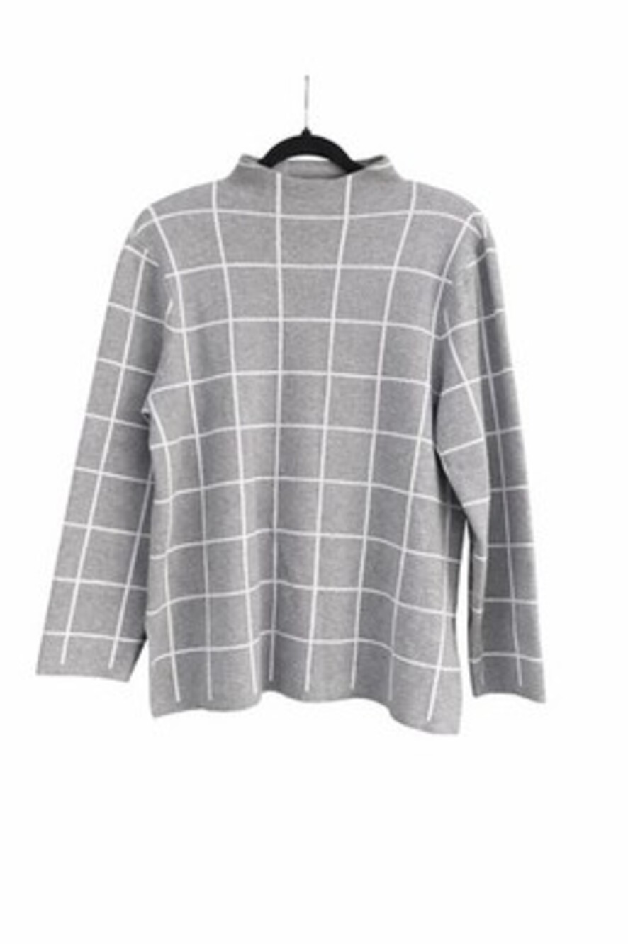 Gray Windowpane Knit Sweater Medium Mock Neck Minimalist Modern Soft Pullover